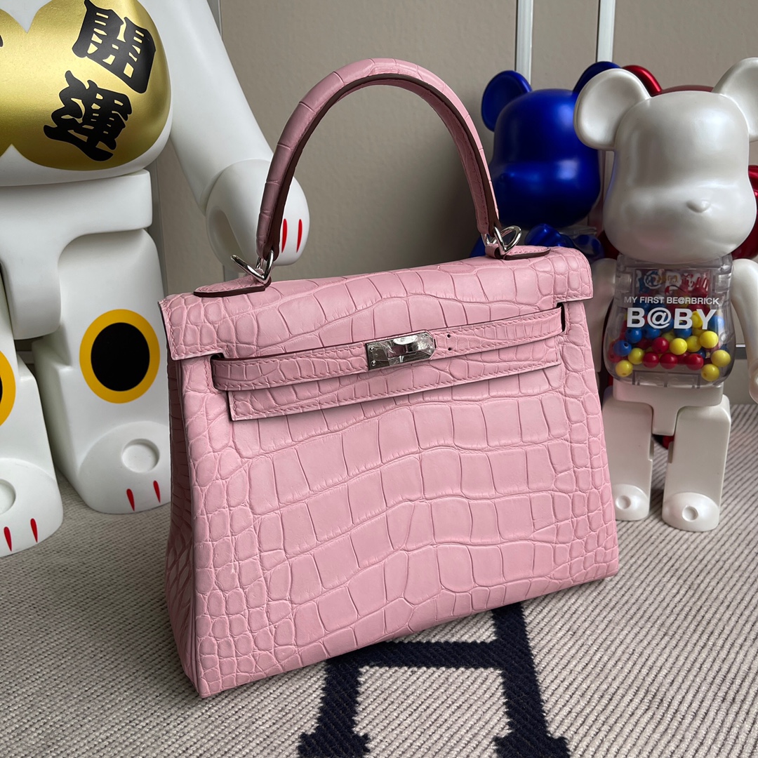 에르메스 켈리백25 핑크 은장 악어가죽